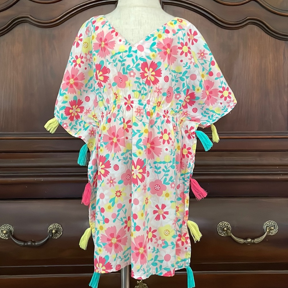 Cat & Jack Girls Floral Swim Cover Up Tassel Beach Dress Size 6 Pink Tropical